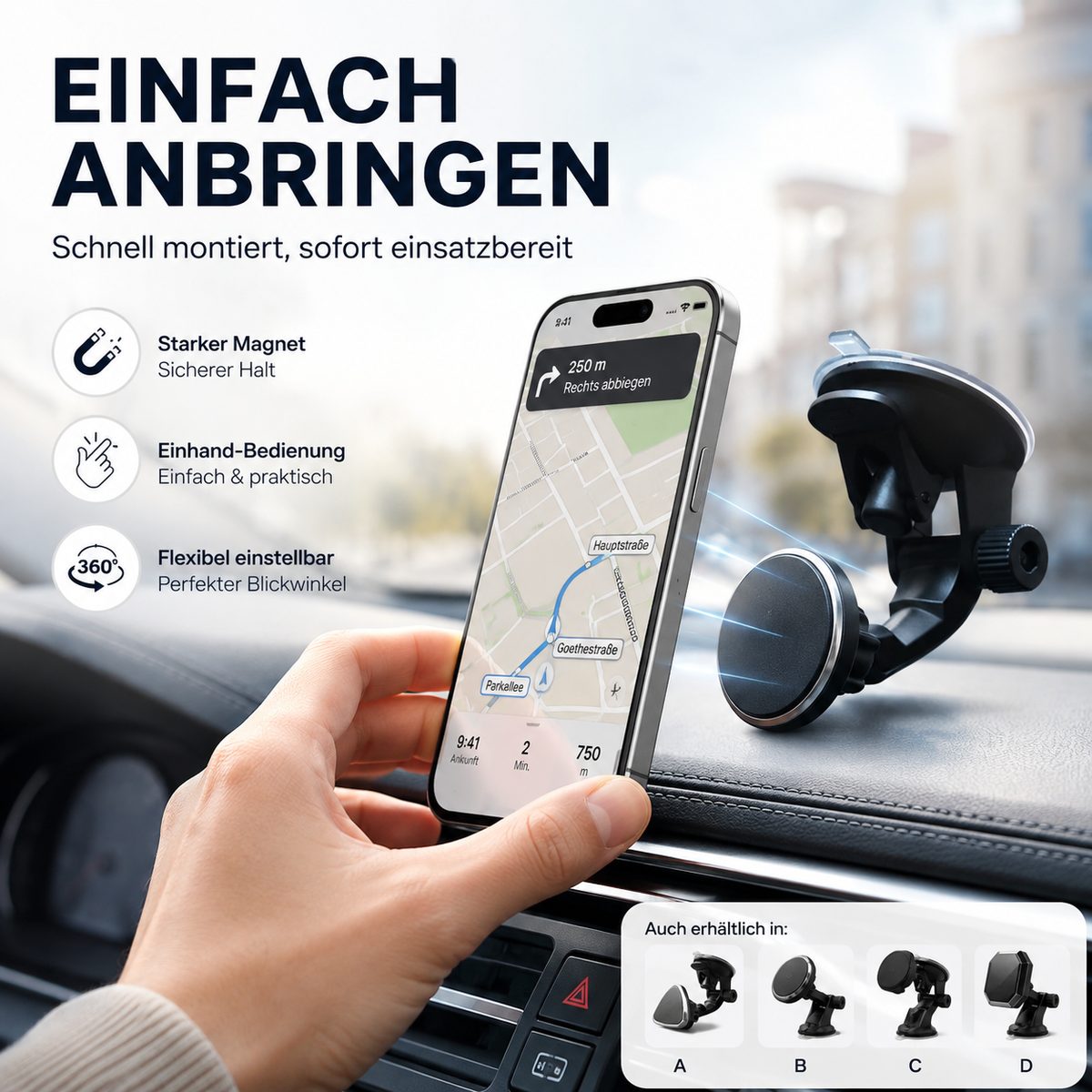 Magnetischer Auto-Handyhalter mit Saugnapf – flexibel verstellbar