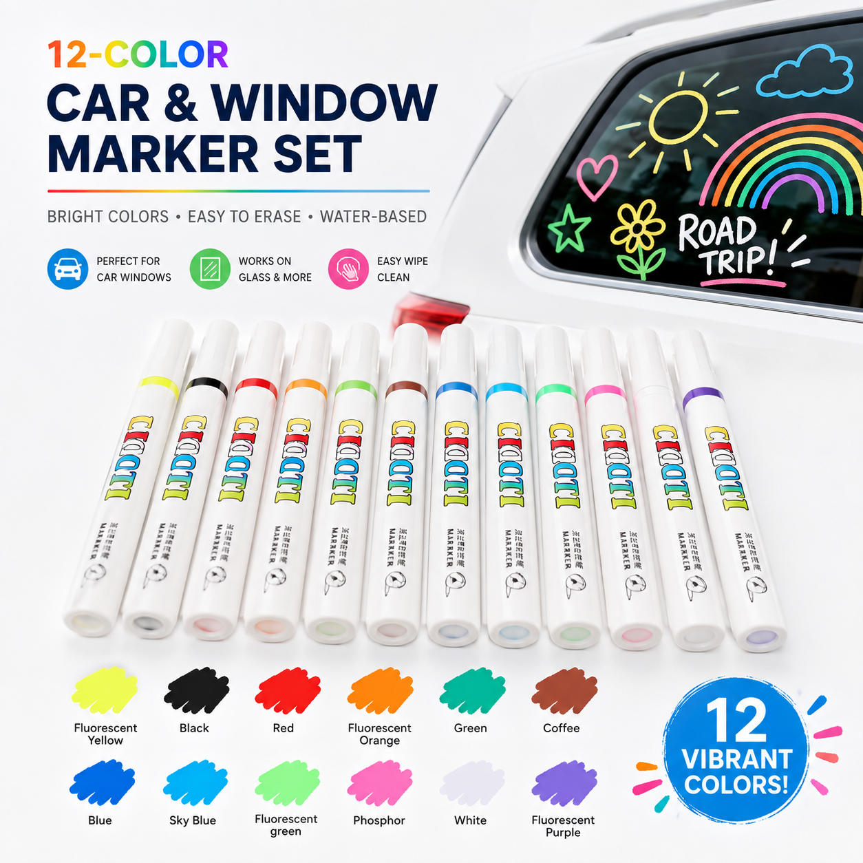 12er Set abwischbare Flüssigkreide-Marker für Fahrzeugoberflächen und Glas