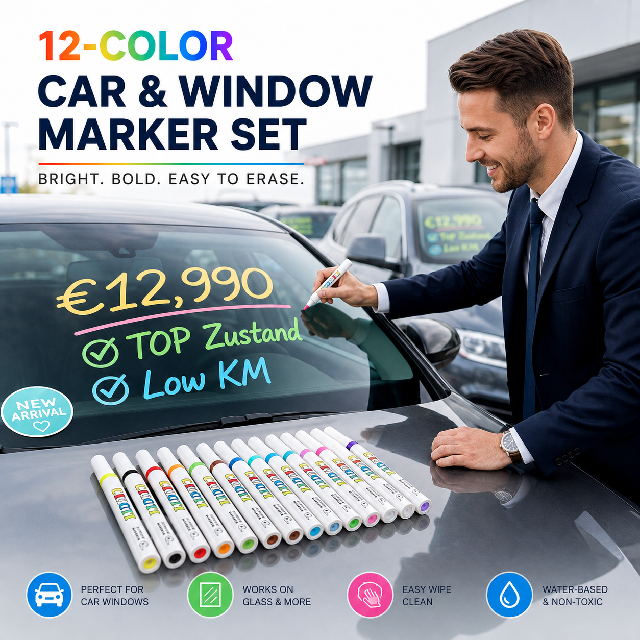 12er Set abwischbare Flüssigkreide-Marker für Fahrzeugoberflächen und Glas