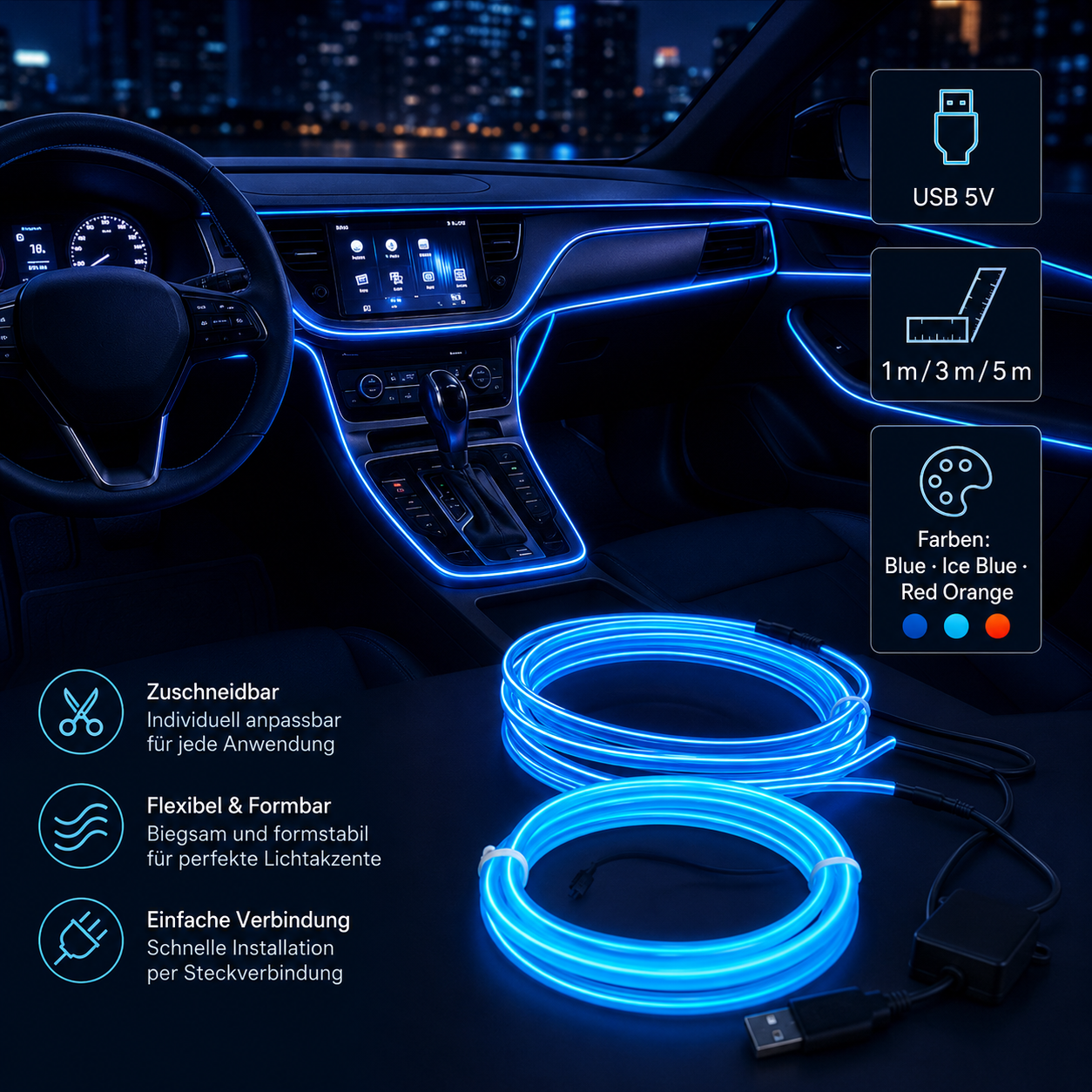 FlexGlow Auto Ambientebeleuchtung – Flexible Neon-Lichtleiste 1–5 m