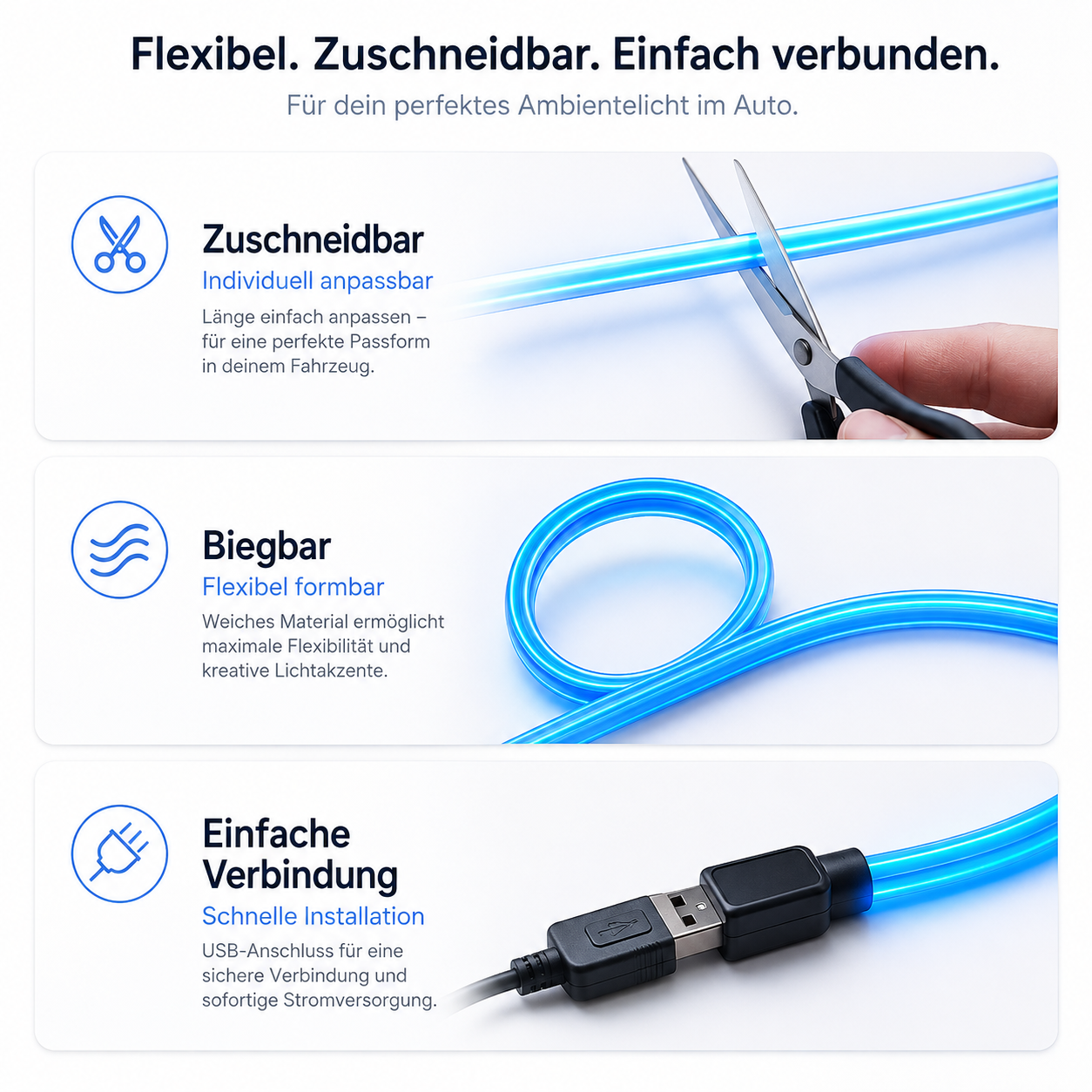 FlexGlow Auto Ambientebeleuchtung – Flexible Neon-Lichtleiste 1–5 m