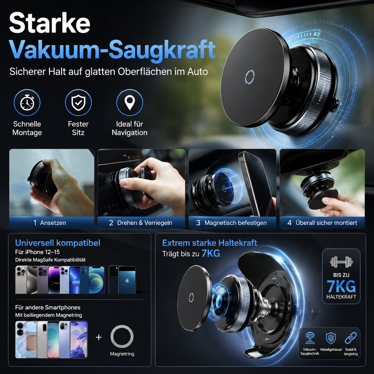 Magnetische Vakuum-Handyhalterung fürs Auto – 360° drehbar