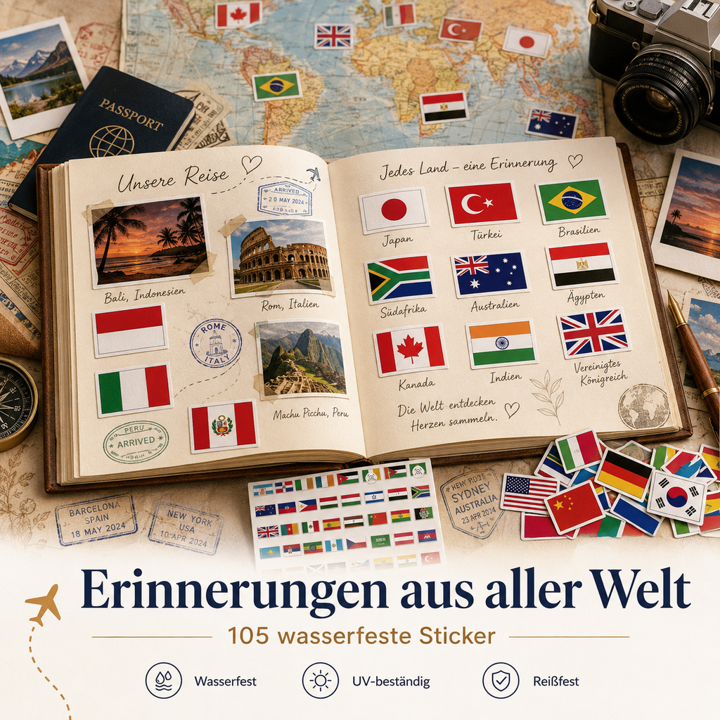 105 Flaggen Sticker Set – wasserfeste Länder-Aufkleber