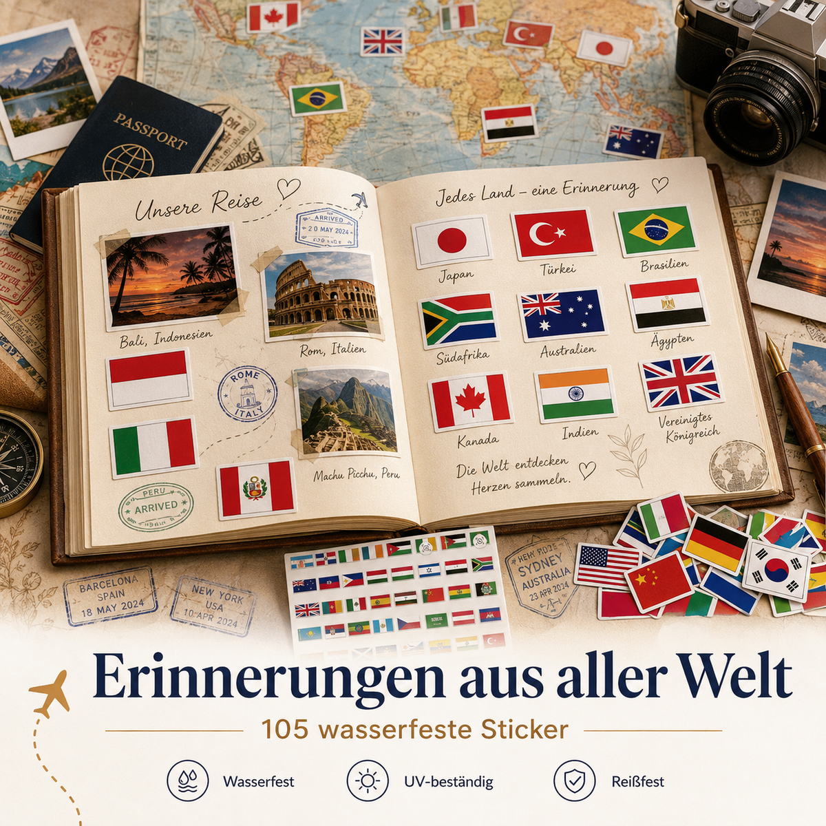 105 Flaggen Sticker Set – wasserfeste Länder-Aufkleber