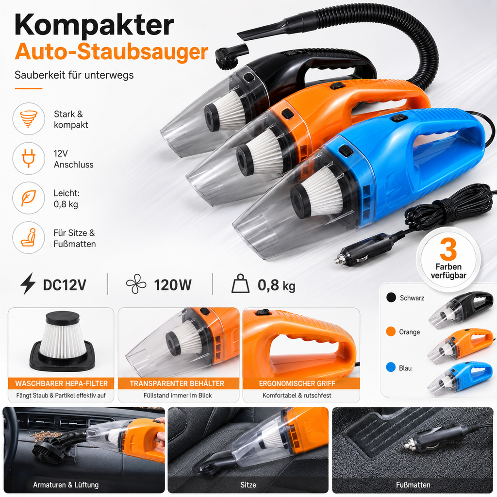 Kompakter 12V Auto-Staubsauger – Handlich & Leistungsstark