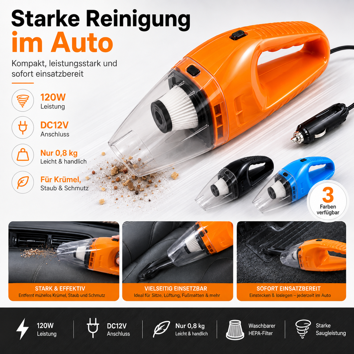 Kompakter 12V Auto-Staubsauger – Handlich & Leistungsstark