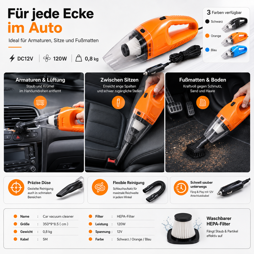 Kompakter 12V Auto-Staubsauger – Handlich & Leistungsstark