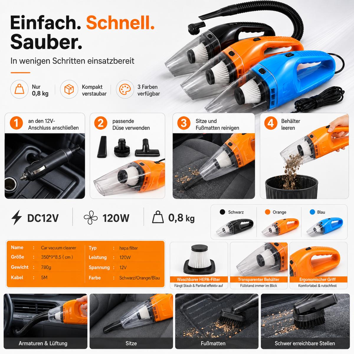 Kompakter 12V Auto-Staubsauger – Handlich & Leistungsstark