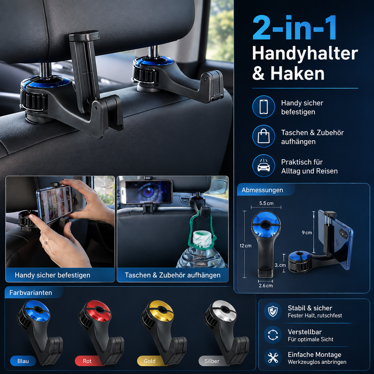 2-in-1 Kopfstützen-Haken mit Smartphone-Halter fürs Auto