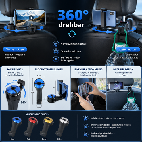 2-in-1 Kopfstützen-Haken mit Smartphone-Halter fürs Auto