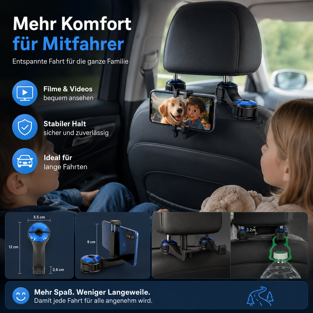 2-in-1 Kopfstützen-Haken mit Smartphone-Halter fürs Auto