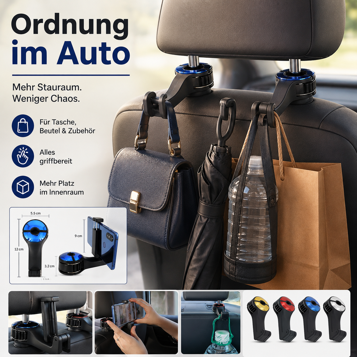 2-in-1 Kopfstützen-Haken mit Smartphone-Halter fürs Auto
