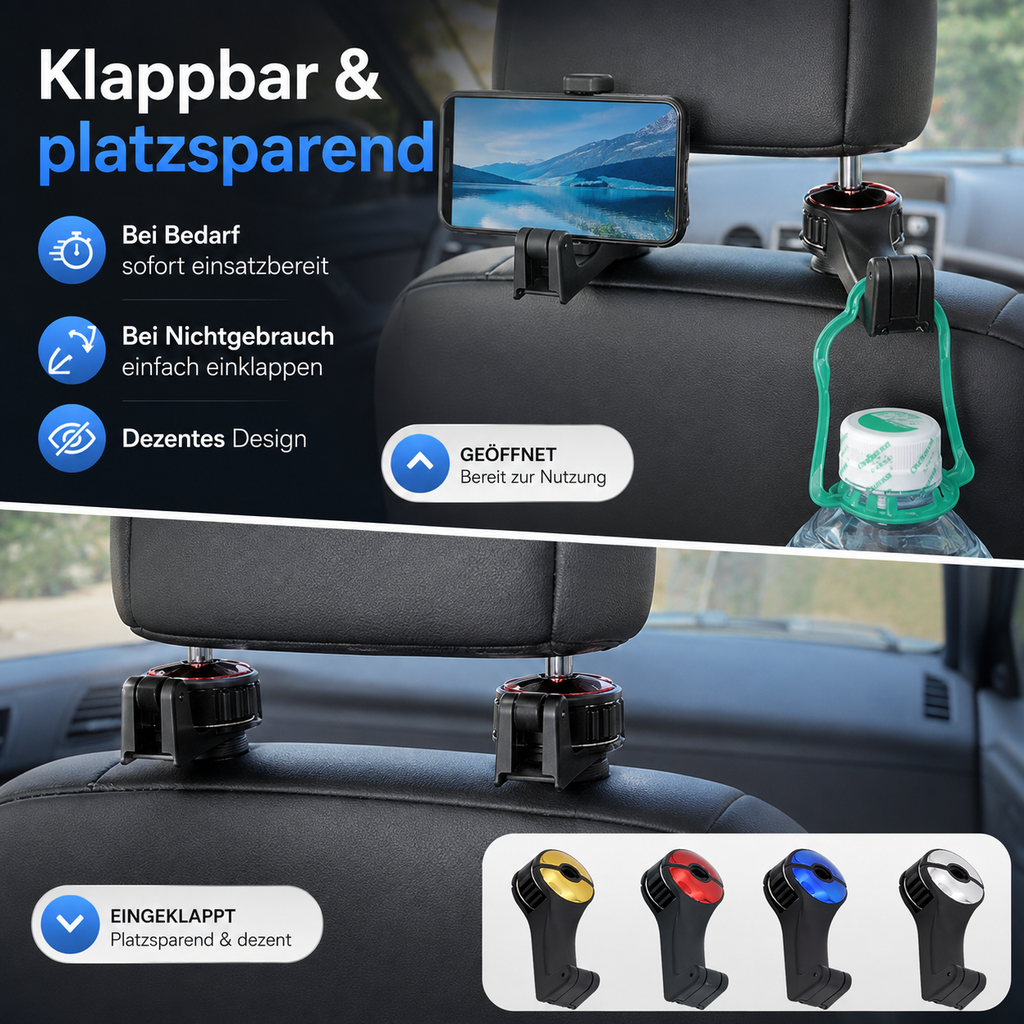 2-in-1 Kopfstützen-Haken mit Smartphone-Halter fürs Auto