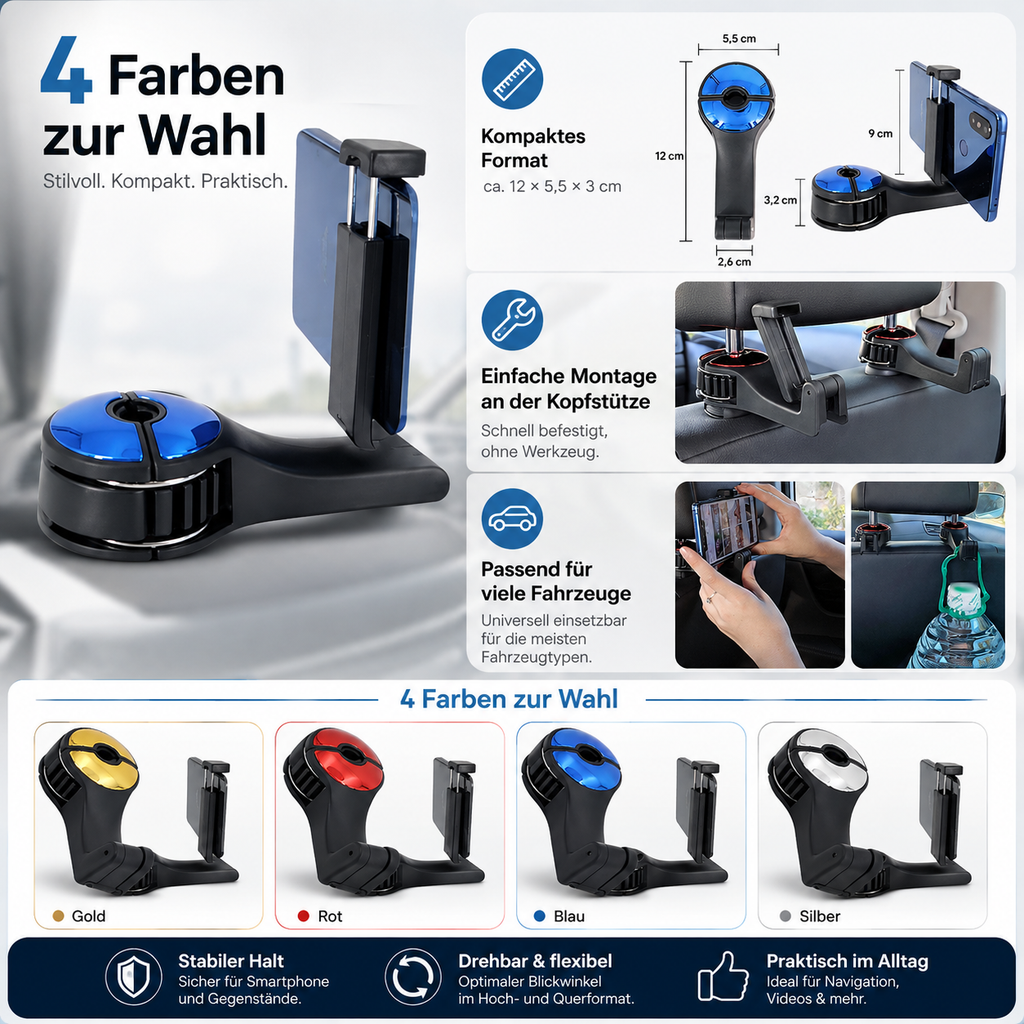 2-in-1 Kopfstützen-Haken mit Smartphone-Halter fürs Auto