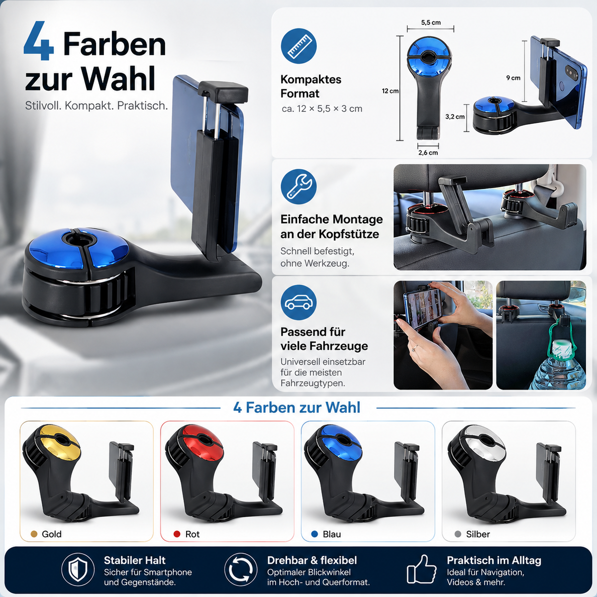 2-in-1 Kopfstützen-Haken mit Smartphone-Halter fürs Auto