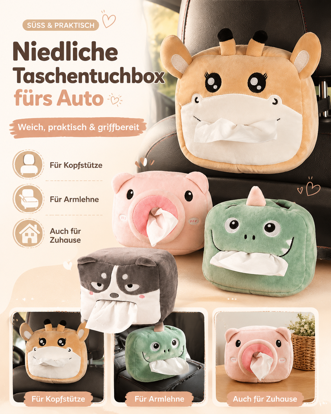 Lustige Auto-Taschentuchbox zum Aufhängen – Cartoon-Design für die Kopfstütze