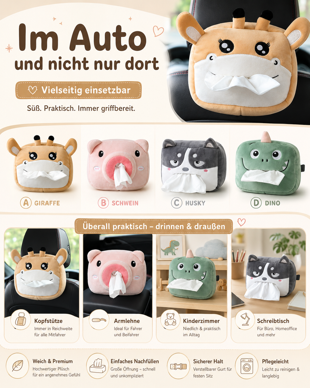 Lustige Auto-Taschentuchbox zum Aufhängen – Cartoon-Design für die Kopfstütze