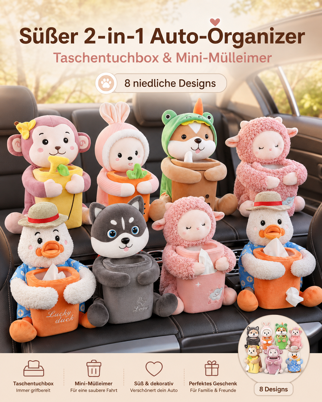2-in-1 Auto Taschentuchbox & Mini-Mülleimer – Süßer Tier-Organizer für die Mittelarmlehne