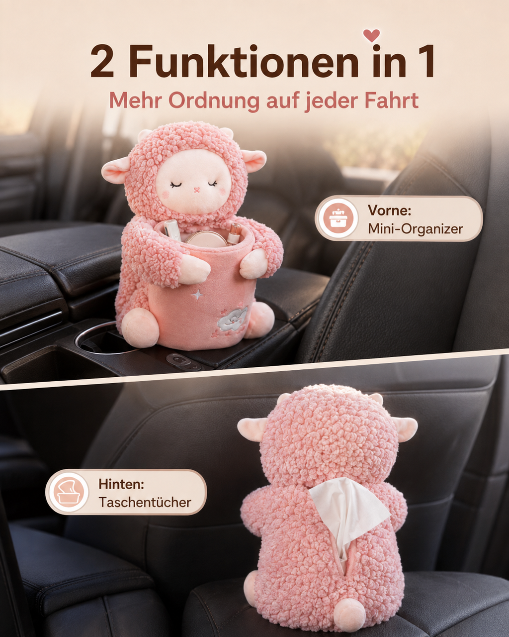 2-in-1 Auto Taschentuchbox & Mini-Mülleimer – Süßer Tier-Organizer für die Mittelarmlehne