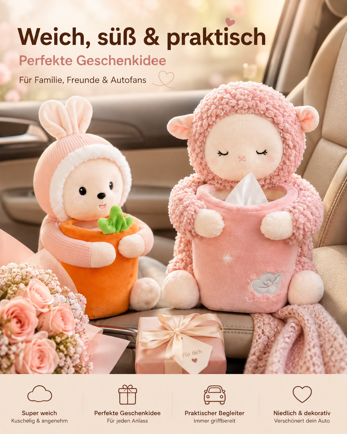2-in-1 Auto Taschentuchbox & Mini-Mülleimer – Süßer Tier-Organizer für die Mittelarmlehne